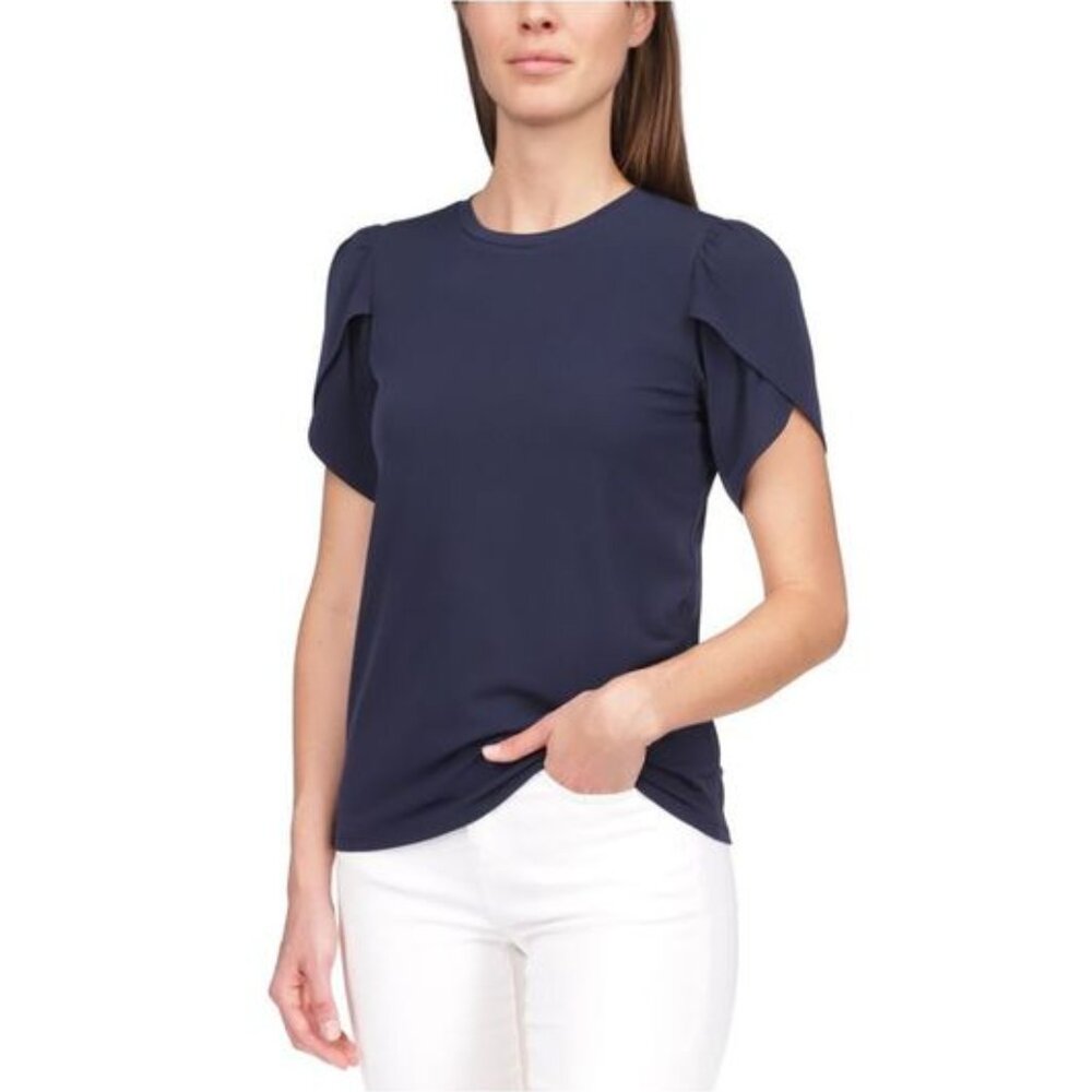 MICHAEL KORS Womens Navy Ruched Petal Sleeve Crew Neck Tulip  Sleeve Top M NWT